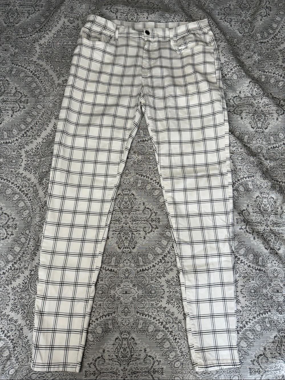 Men’s White Plaid Stretch Skinny Trousers - Size 38